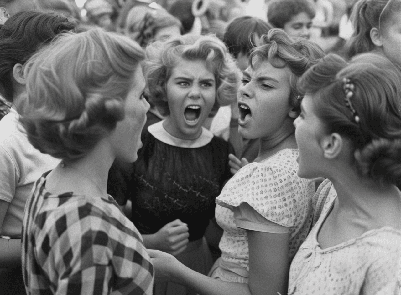 AI generated: black and white photo of young women in the crowd screaming at each other, schoolyard setting, 60s s...