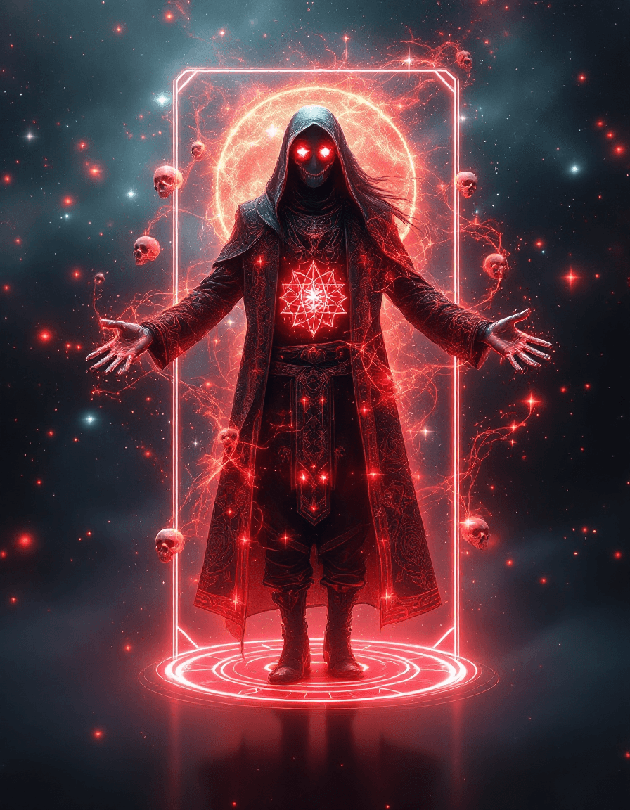 AI generated: The tarot  card transforms into a 3D hologram that appears to be made of spiritual energy. As the nu...