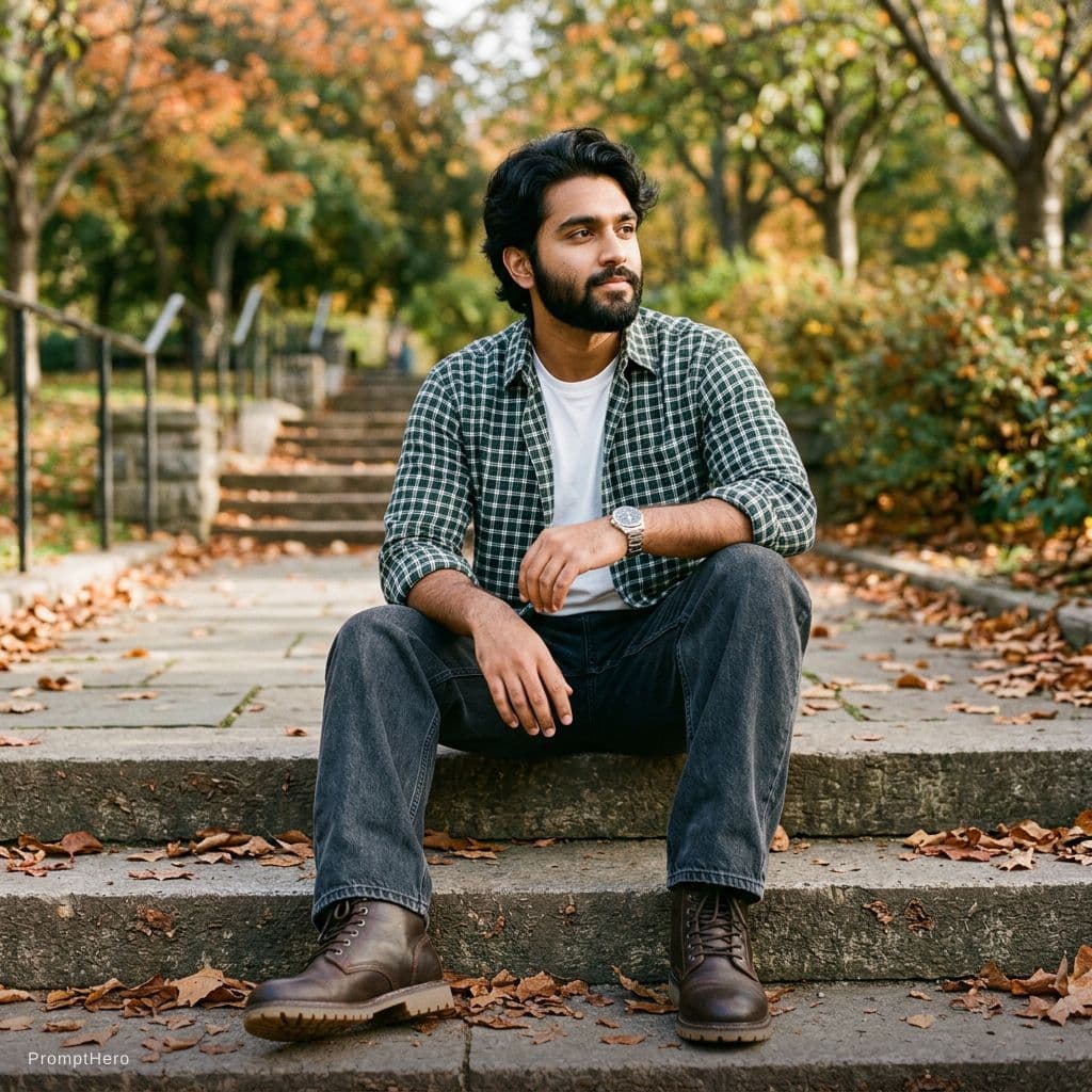 AI generated: A candid, photorealistic outdoor portrait of a young South Asian man sitting casually on wide concre...