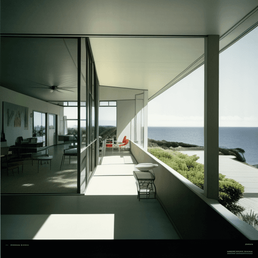 AI generated: Hyper realistic eye level exterior photo of a mid century modern style house overlooking the ocean, ...
