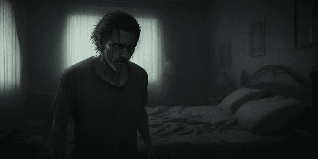 AI generated: A man wakes up in the morning and looks around with horror . cinematic, hyper realism, high detail, ...
