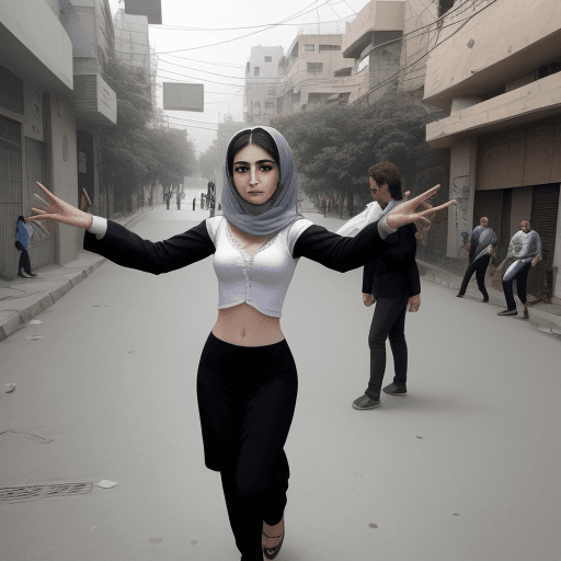 AI generated: Photo of a ultra realistic iranian girl, that is free and is dancing in the tehran streets