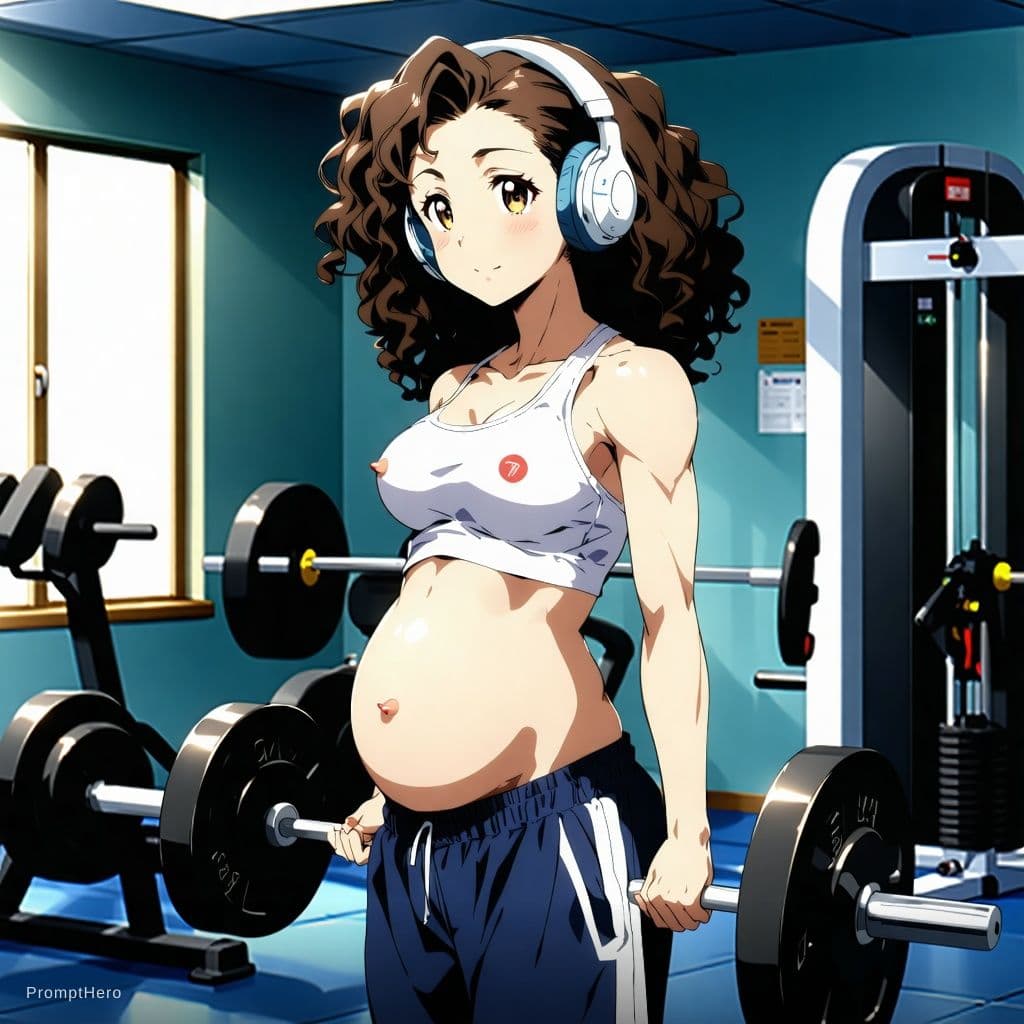 AI generated: An anime girl exercising in the gym, weights, putting on muscle, sportswear, work outfit, listening ...