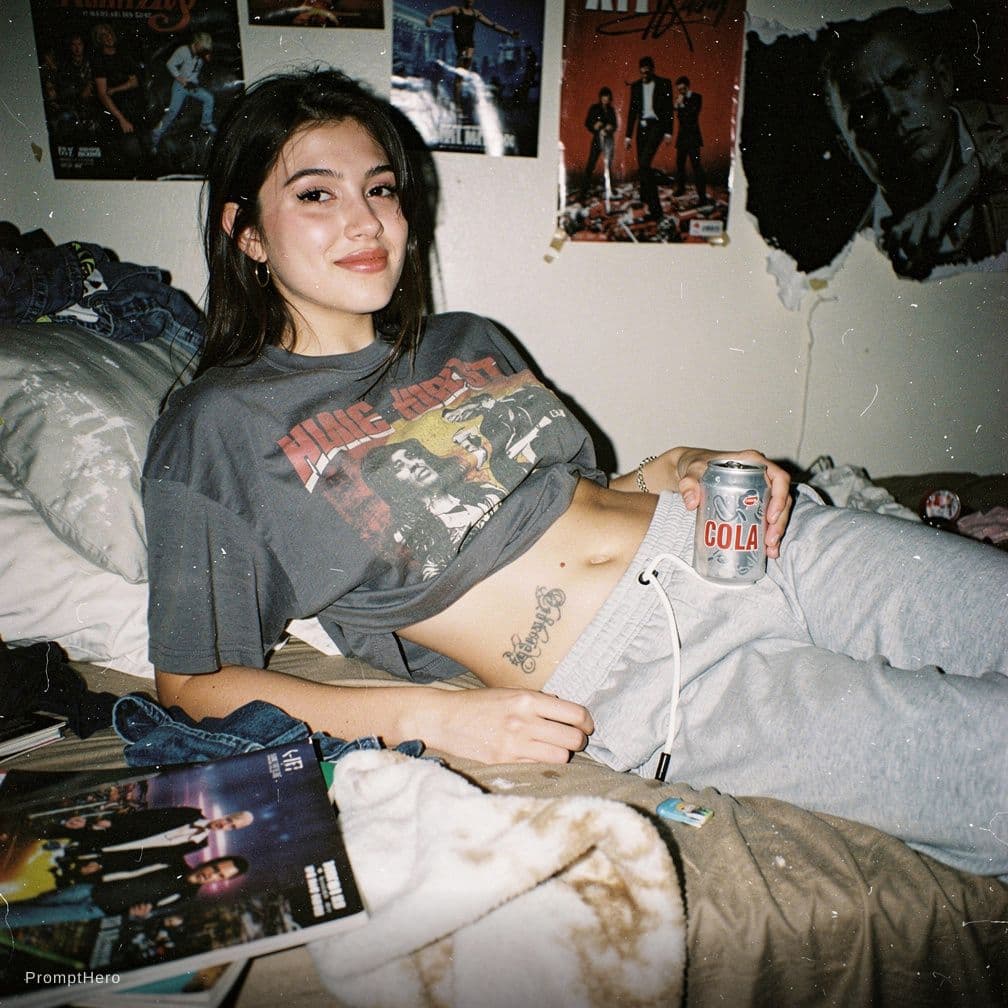 AI generated: Grungy early-2000s lo-fi disposable flash snapshot in a messy bedroom with posters and scattered clo...