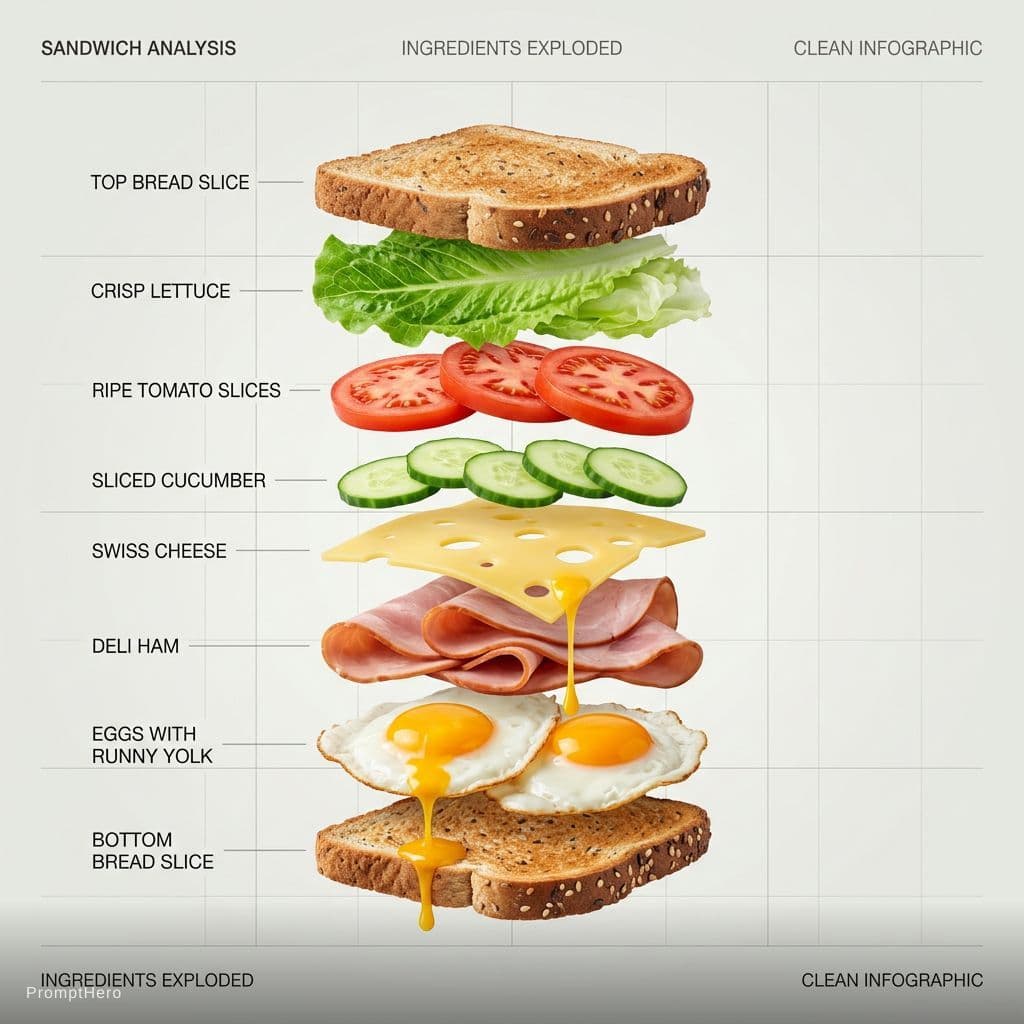 AI generated: INFOGRAPHIC CLEAN STYLE (Labeling Ingredients)
A clean exploded view sandwich with each ingredient p...