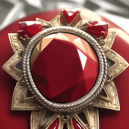 AI generated: big red brooch,jewelery, gold deco, silver details
