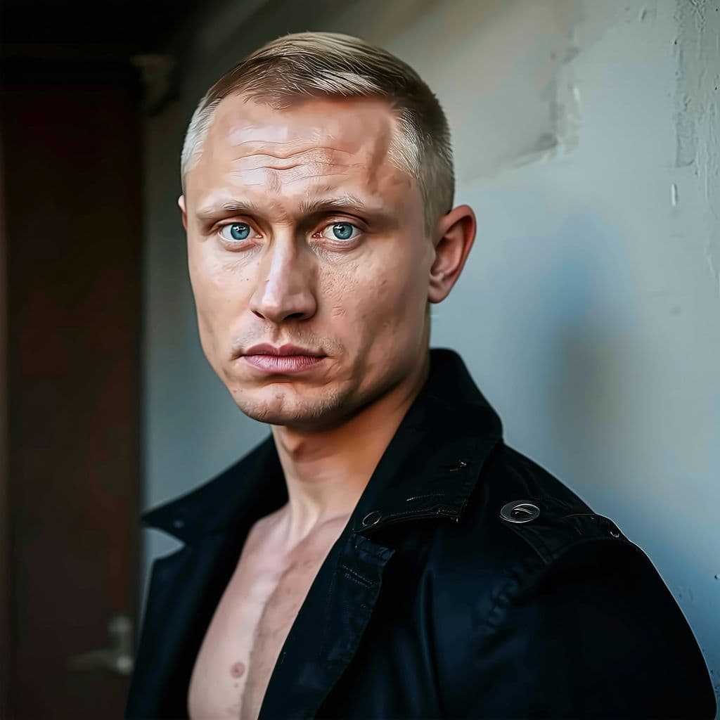 AI generated: Young mafia Russian man 40's hottie blue eyes blonde crew cut hair 5'5 200lbs Built-in Muscle casual...