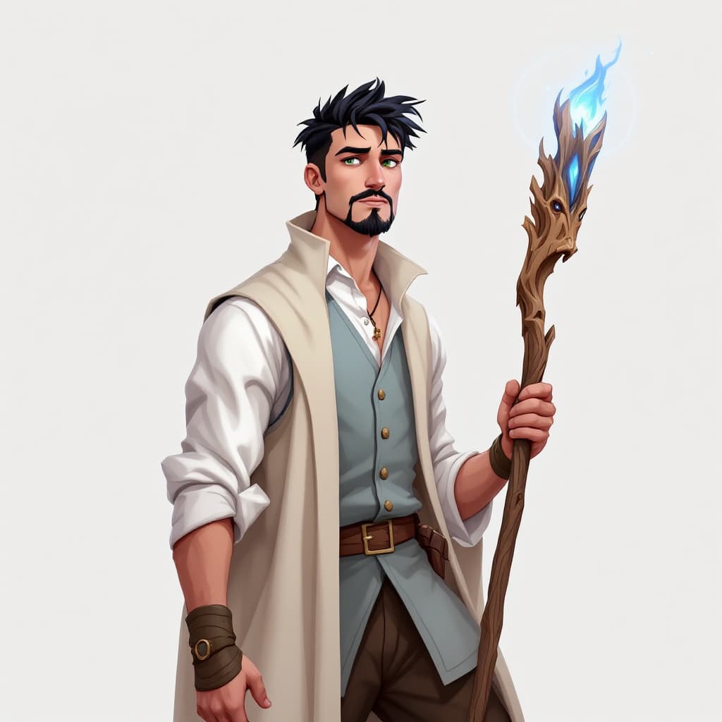 AI generated: A lean man in his mid-20's. He has Black hair, green eyes and a goatee. He is wearing a white shirt,...