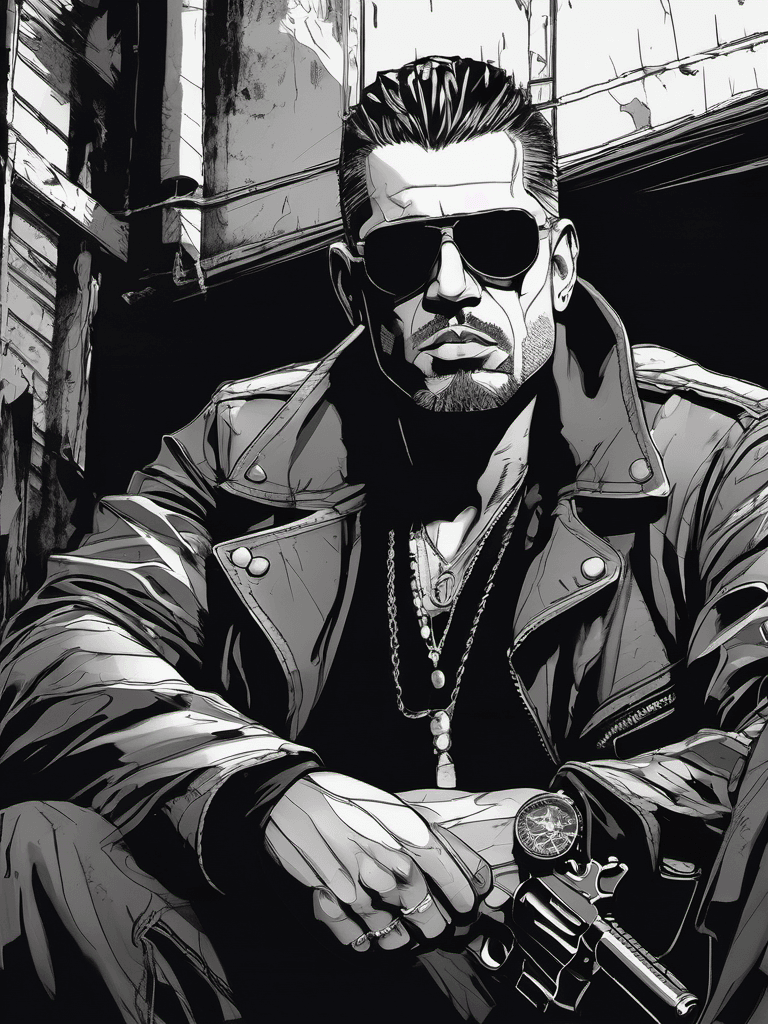 AI generated:  half body close up illustration of a brutal gangster sitting in a warehouse, badass, jeans and leat...