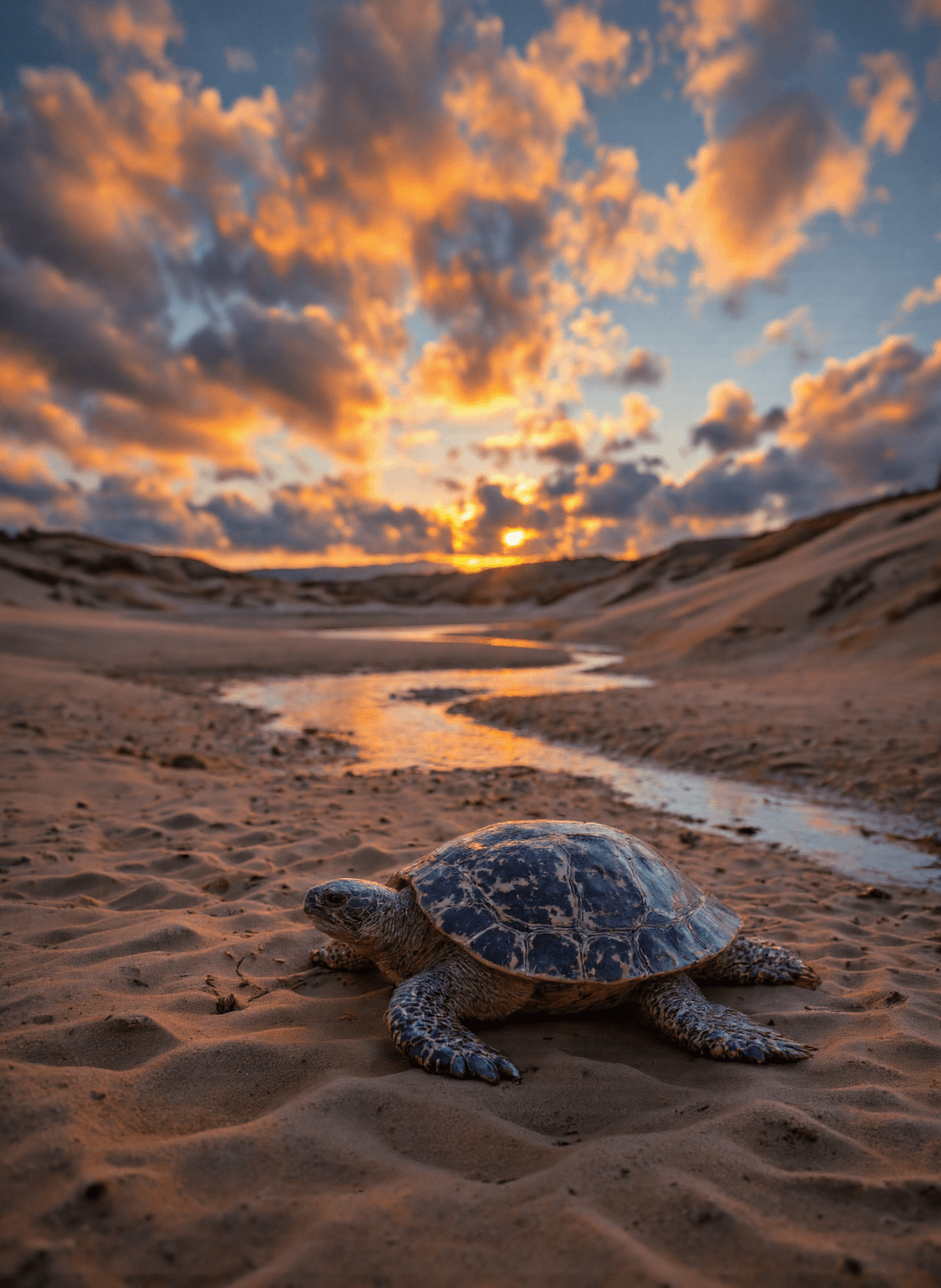 AI generated: The image depicts a serene beach scene at sunset with a striking contrast between the warm colors of...