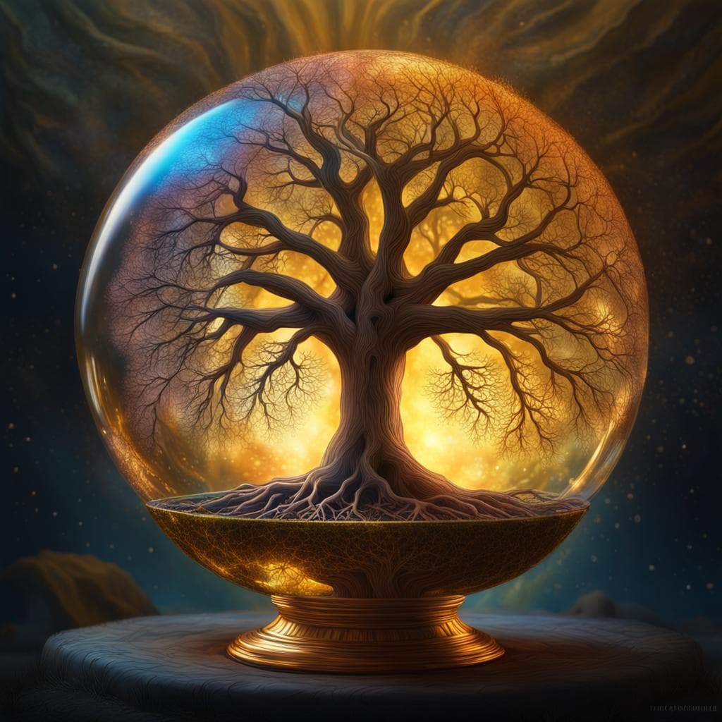 AI generated: a tree of life inside of a glass-sphere, the tree has decayed from lack of nutrients, goldish light ...