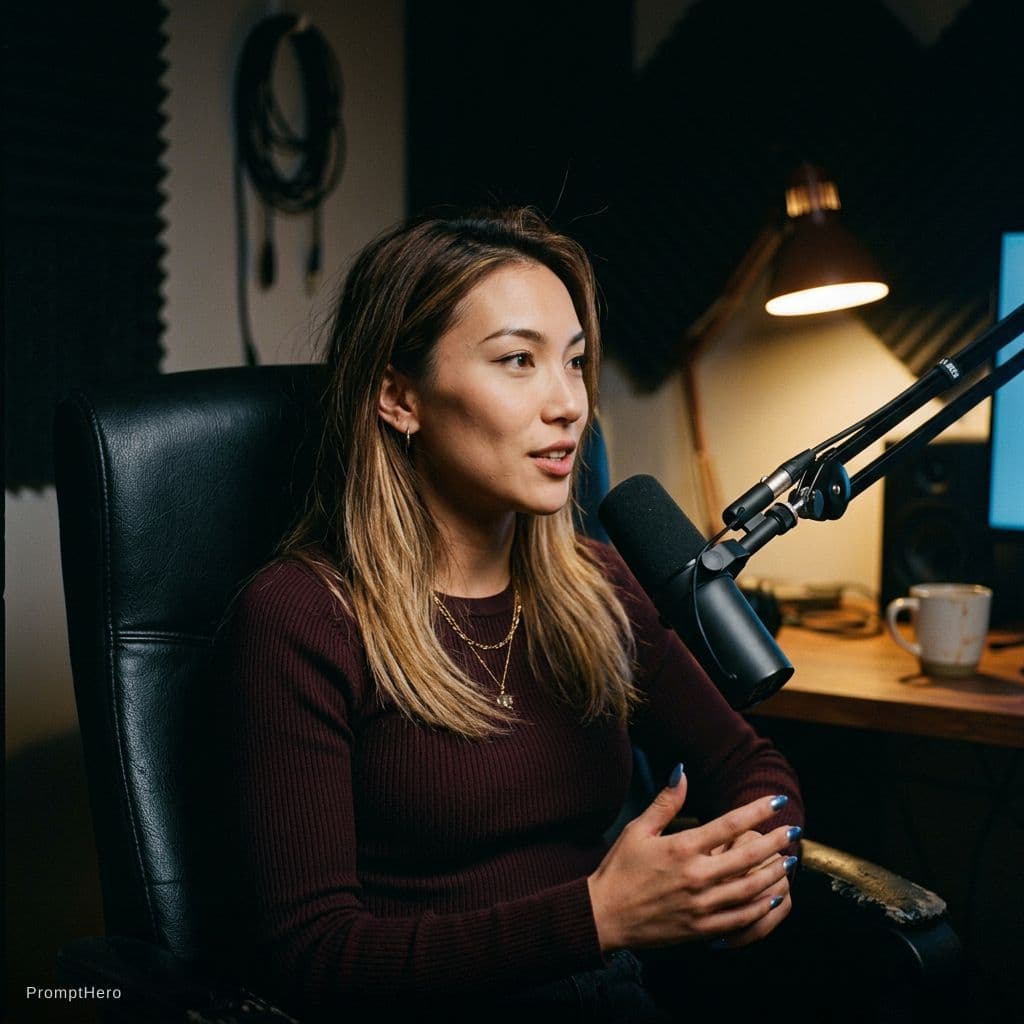AI generated: Take the face from the input picture. A real candid late-night podcast recording moment, intimate an...