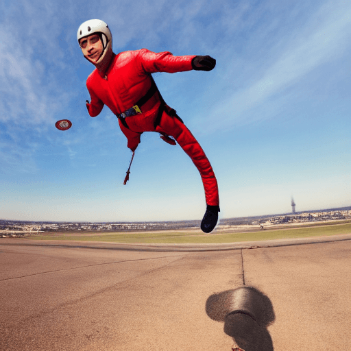 AI generated: man parachutist, jumping from plane, smile, selfie, motion, full body visible, detailed skin, realis...