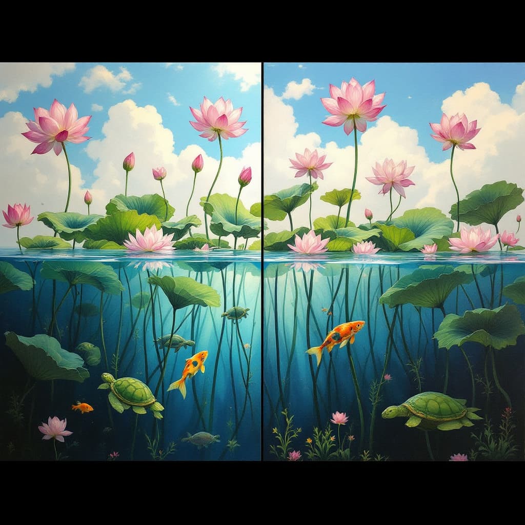 AI generated: The painting is divided into two parts: 1. Lotus flowers that are blooming and not blooming, the sky...