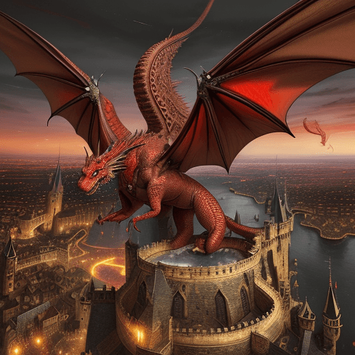 AI generated: A red dragon flies in the sky over a medieval city with a castle, top view, photorealism, masterpiec...