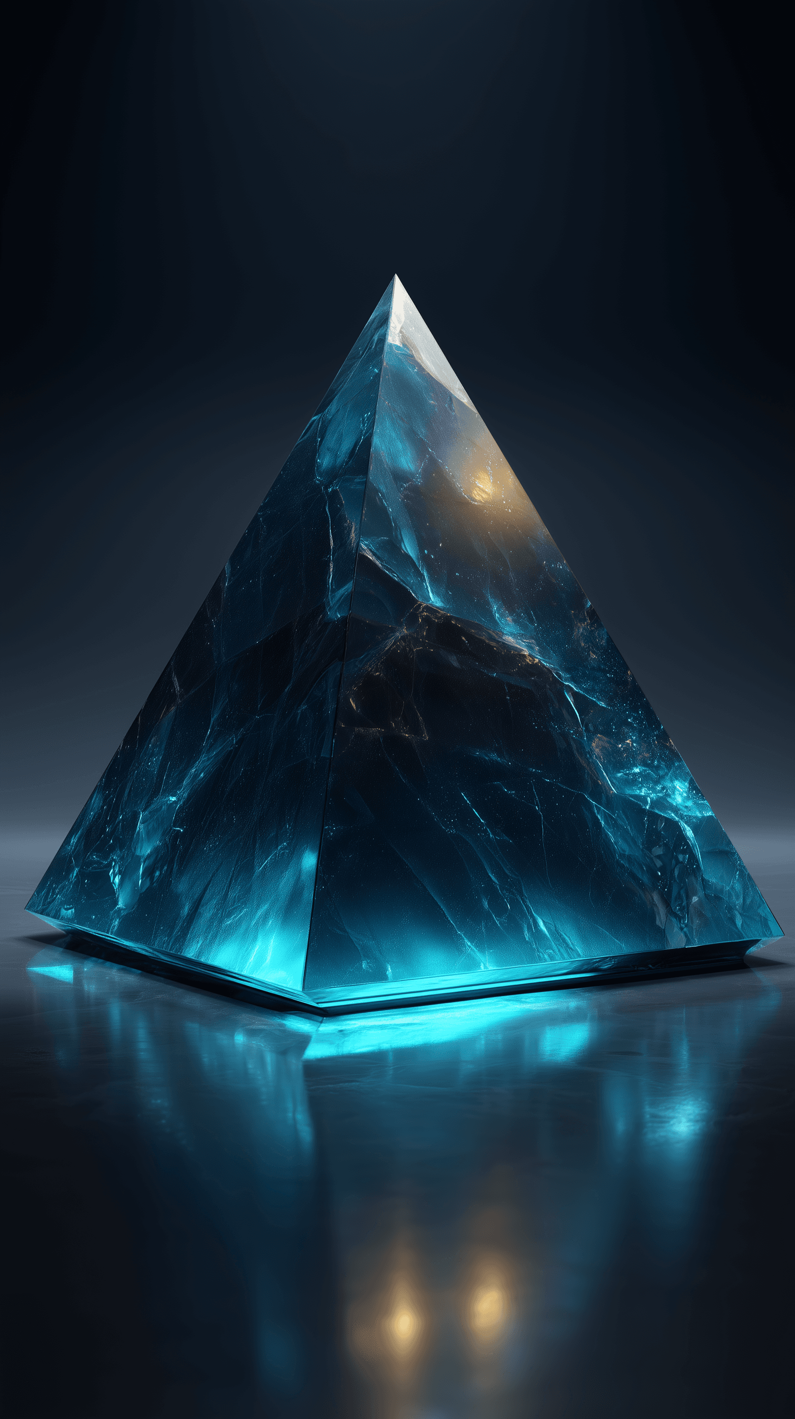 AI generated: realistic, close-up, front shot, transparent gradient cyan glass pyramid, standing upright and perfe...