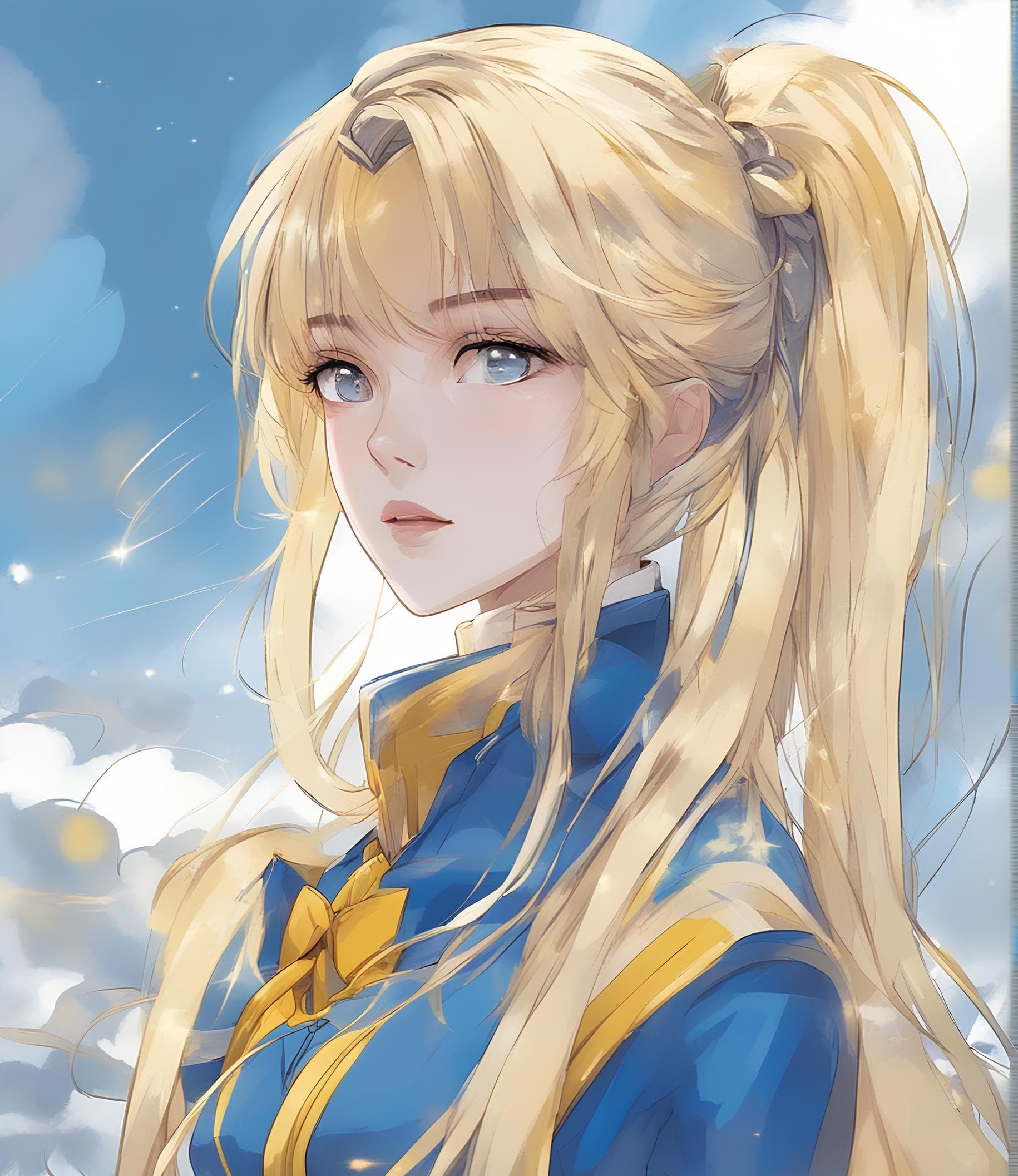 AI generated: a drawing of a woman with long blonde hair, an anime drawing, trending on cg society, digital art, b...