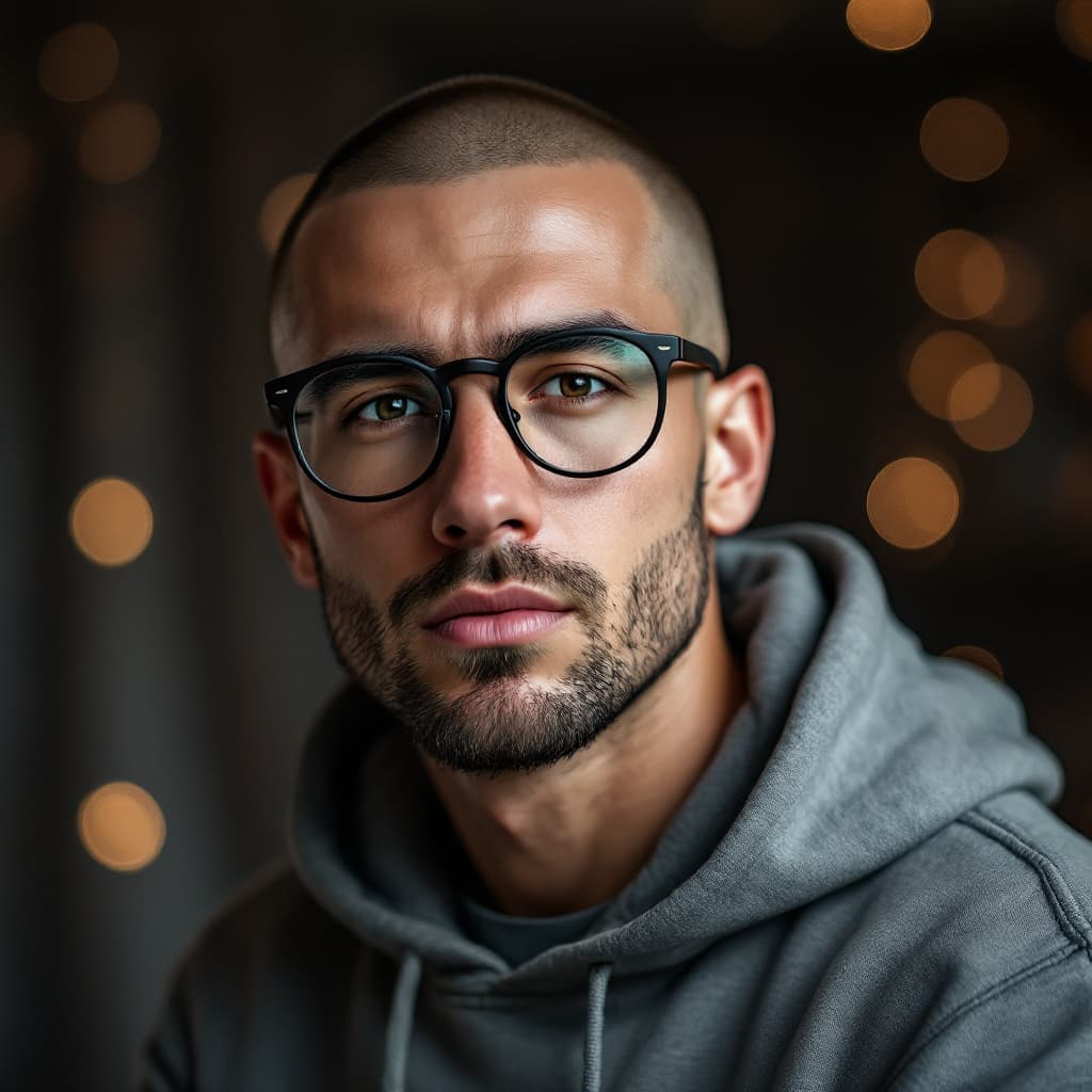 AI generated: A medium-close-up portrait of a man with a buzz cut and neatly trimmed goatee, wearing glasses and a...
