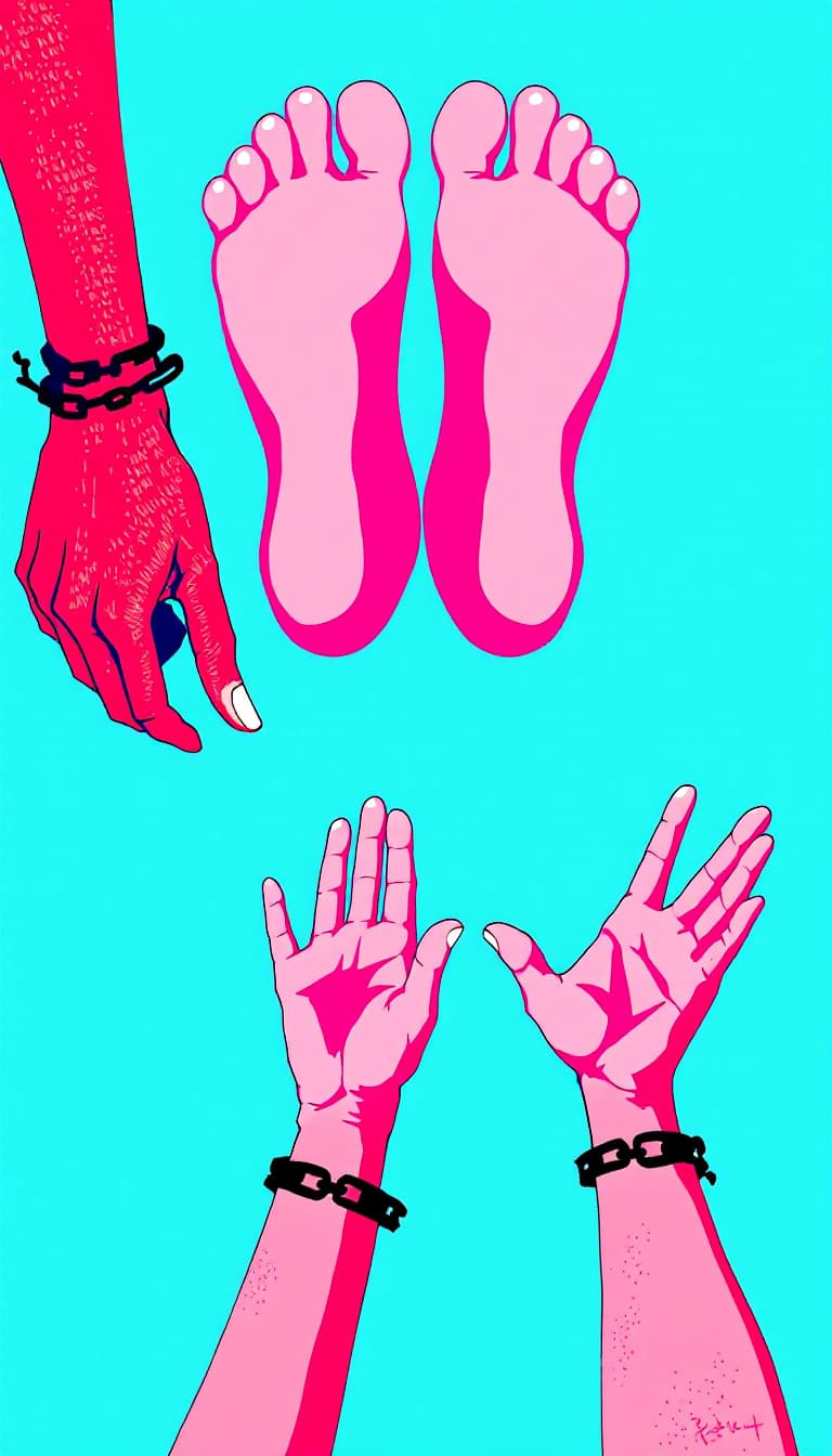 AI generated: A vibrant illustration featuring two stylized feet and two hands, all in shades of pink and red. The...