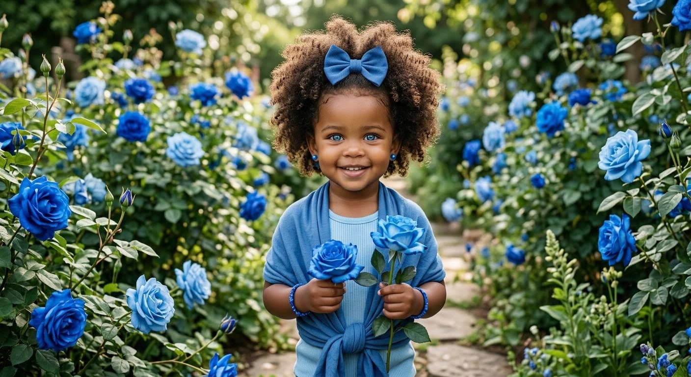 AI generated: A medium-brown-skinned toddler with vivid blue eyes, an abundant curly afro with a blue bow in the m...