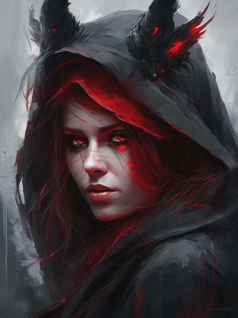 AI generated: a demonic girl in a hood, red eyes, in the style of dark gray and red, matte painting, strong facial...
