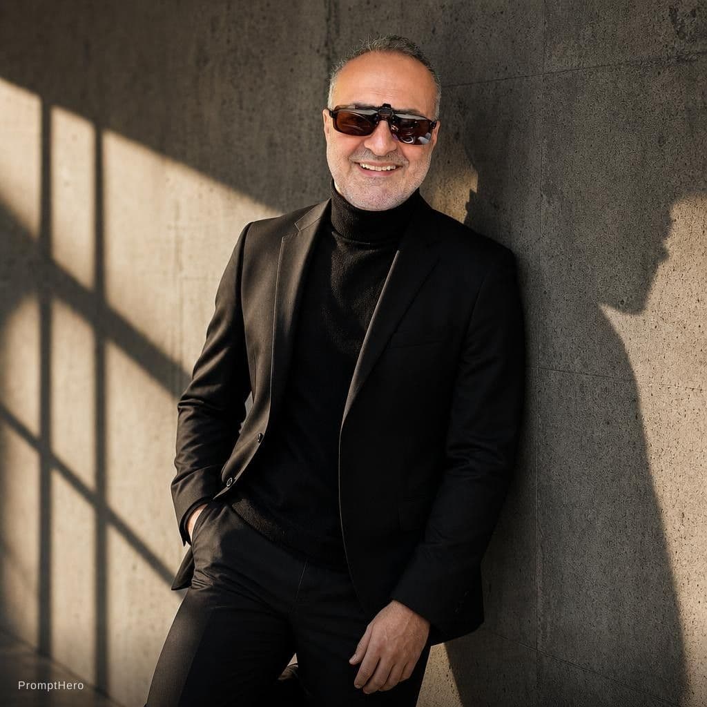 AI generated: this as A man in a tailored black
blazer and turtleneck stands against a
concrete wall. One foot u...