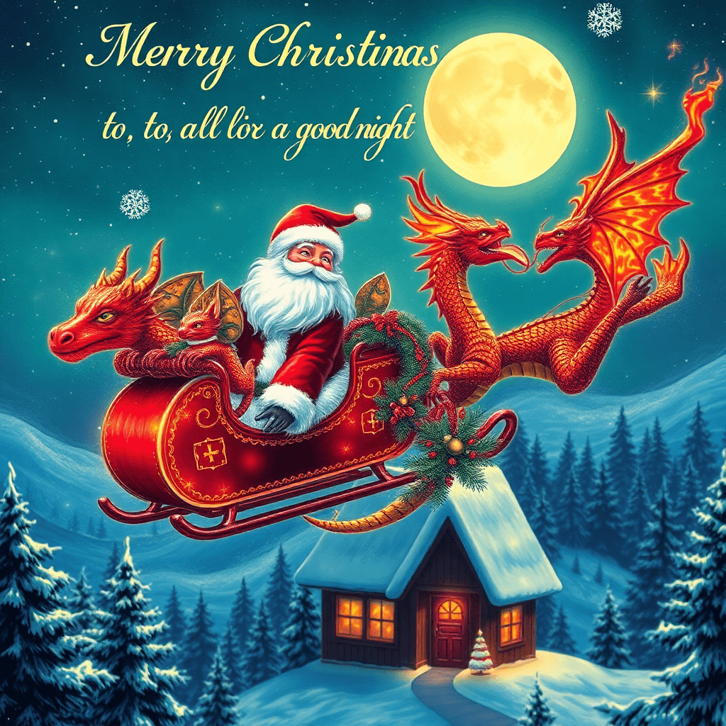 AI generated:  Merry Christmas to all and to all a good night in print on top of the picture. Psychedelic, surreal...