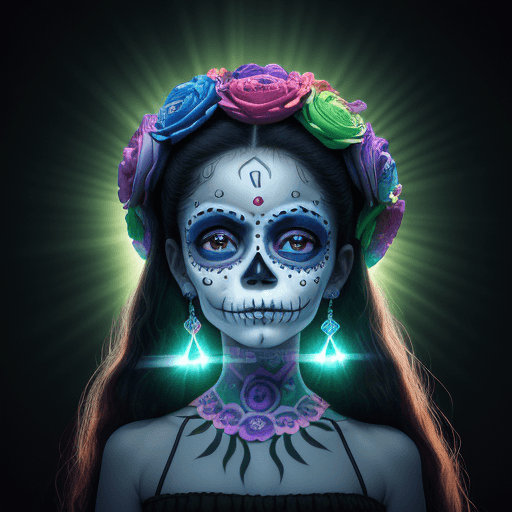 AI generated:  arte del día de muertos, día de los muertos, coco, iluminación fuerte, cálida y brillante, colorido...