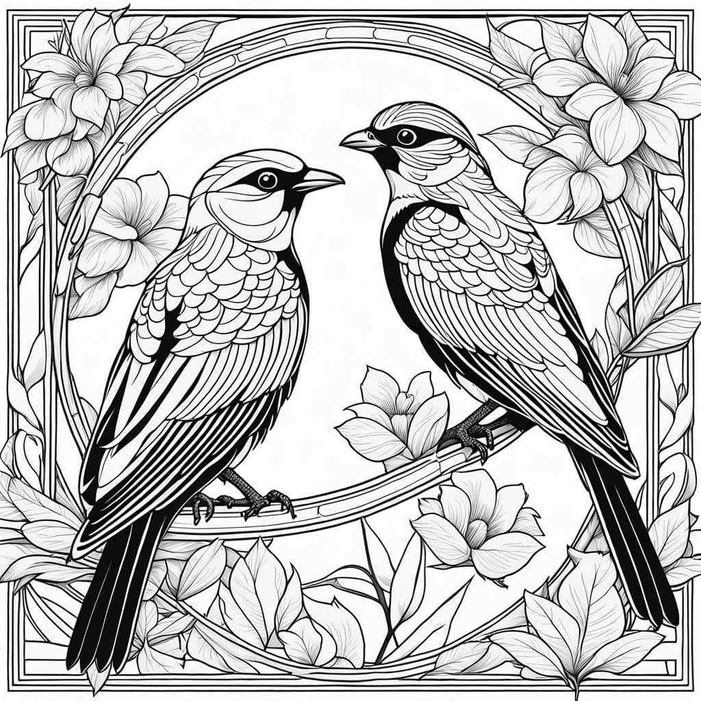AI generated: clean simple line art of a cute beautiful exotic birds in their habitat. minimalistic patterns. no b...