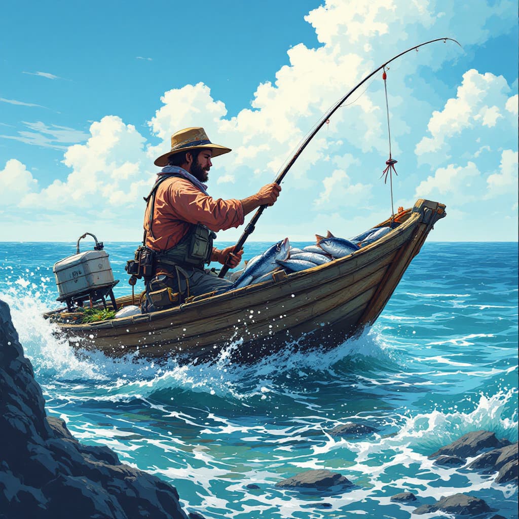 AI generated: Harvest the fish catch, anime style，fisherman, on the sea