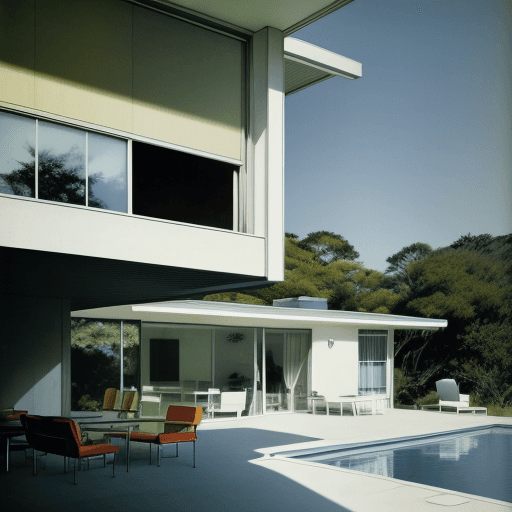AI generated: Hyper realistic eye level exterior photo of a mid century modern style house overlooking the ocean, ...