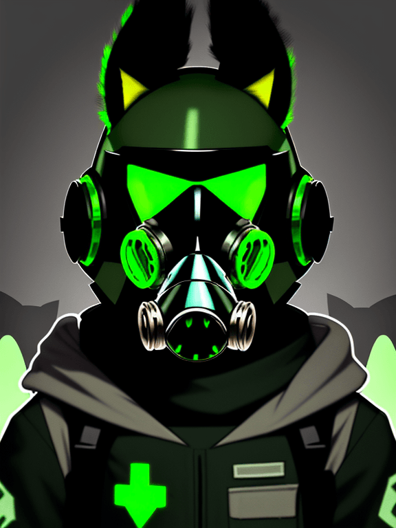 AI generated: mostly green Protogen headshot furry; simple black complete protogen gas reactor mask as visor; head...