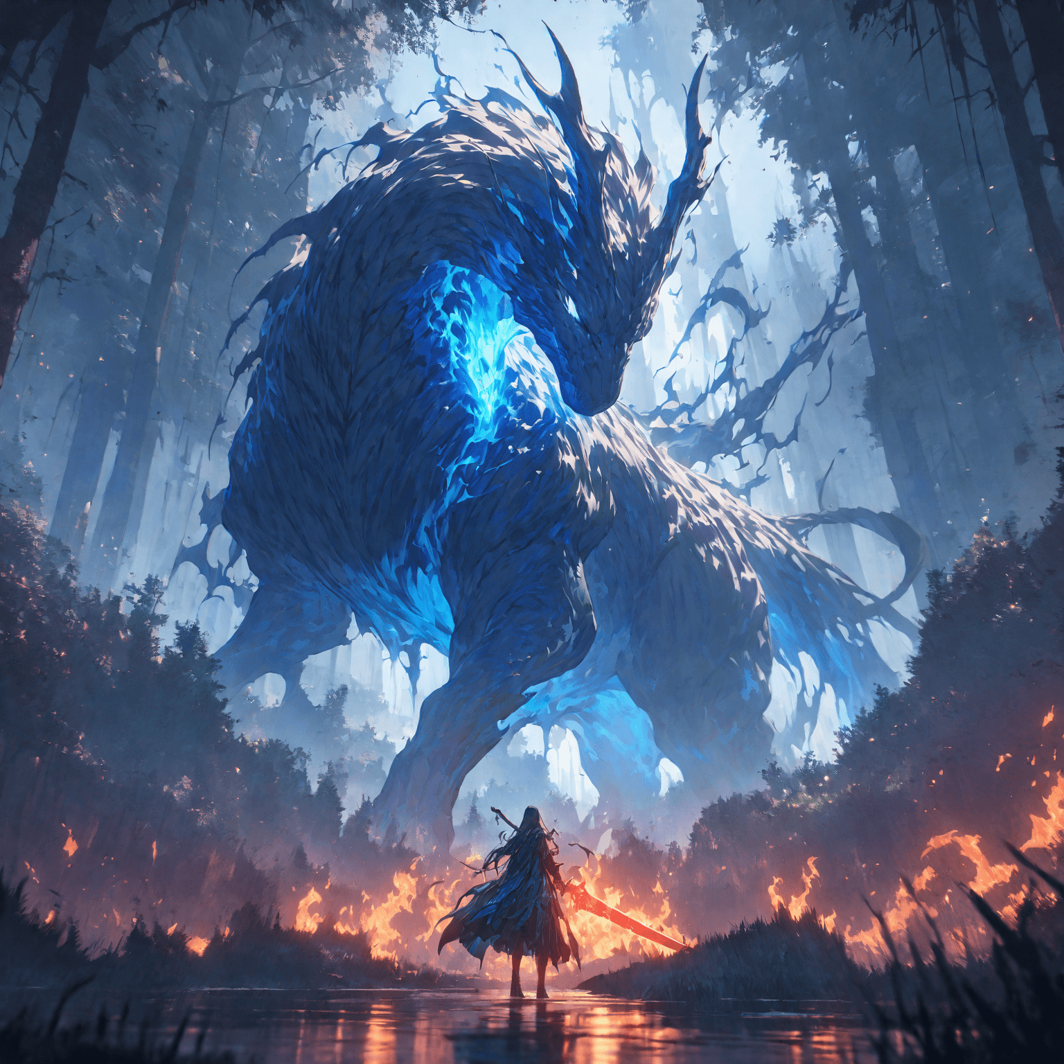 AI generated: a cinematic shot of a fantasy character standing infront of a giant mythical creature,flames,fire,ho...
