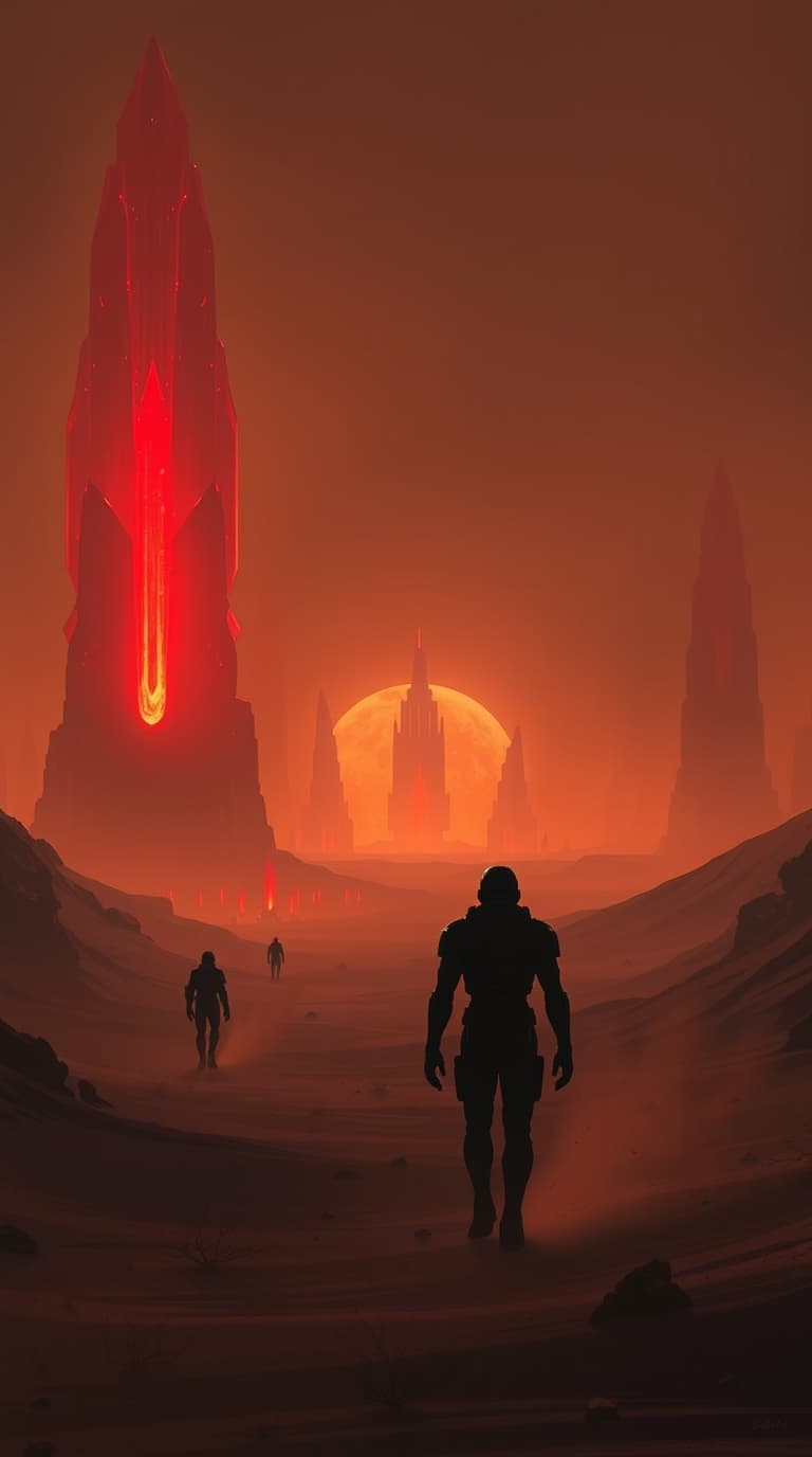 AI generated: A moody 9:16 aspect ratio image depicting an alien city on Mars beyond the Antarctic ice wall in war...