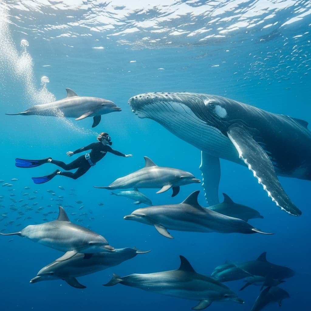 AI generated: diver with dolphins and whales