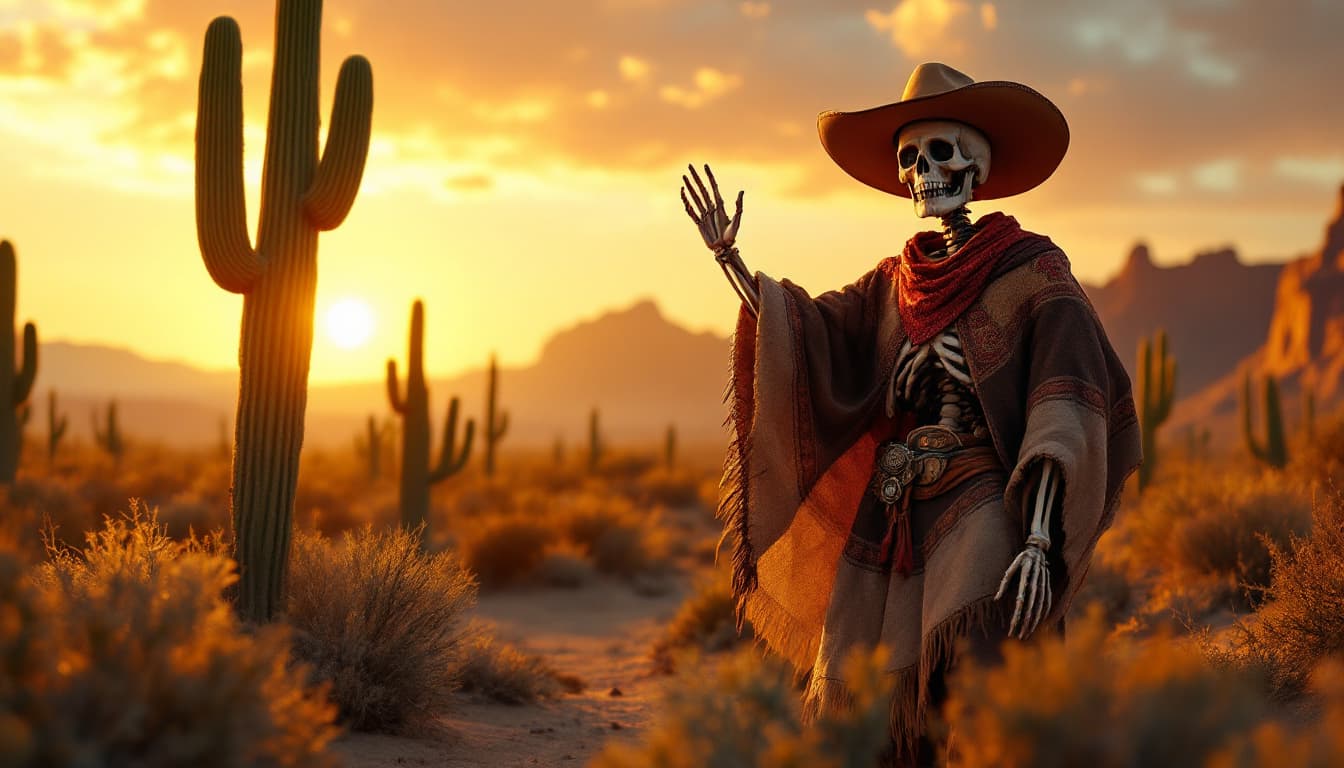 AI generated: Estilo western, en el desierto al atardecer. Hay cactus. Two skeletons are waving to the cámera. Bot...