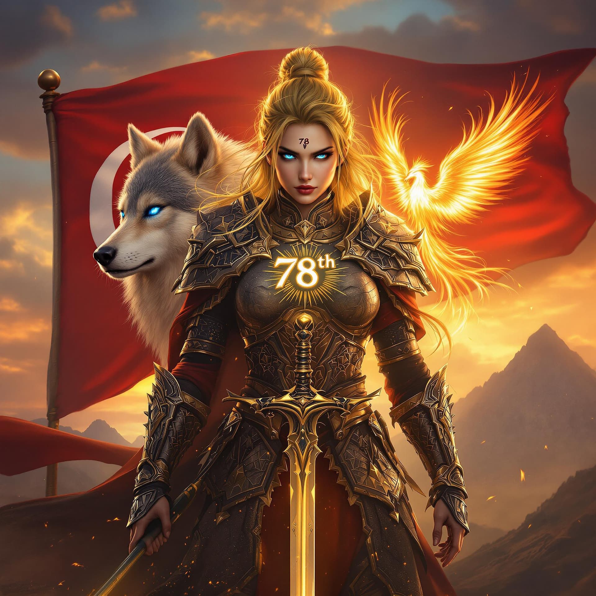 AI generated: A fierce girl warrior clad in traditional armor with yellow hair, inspired by ancient Turkish mythol...