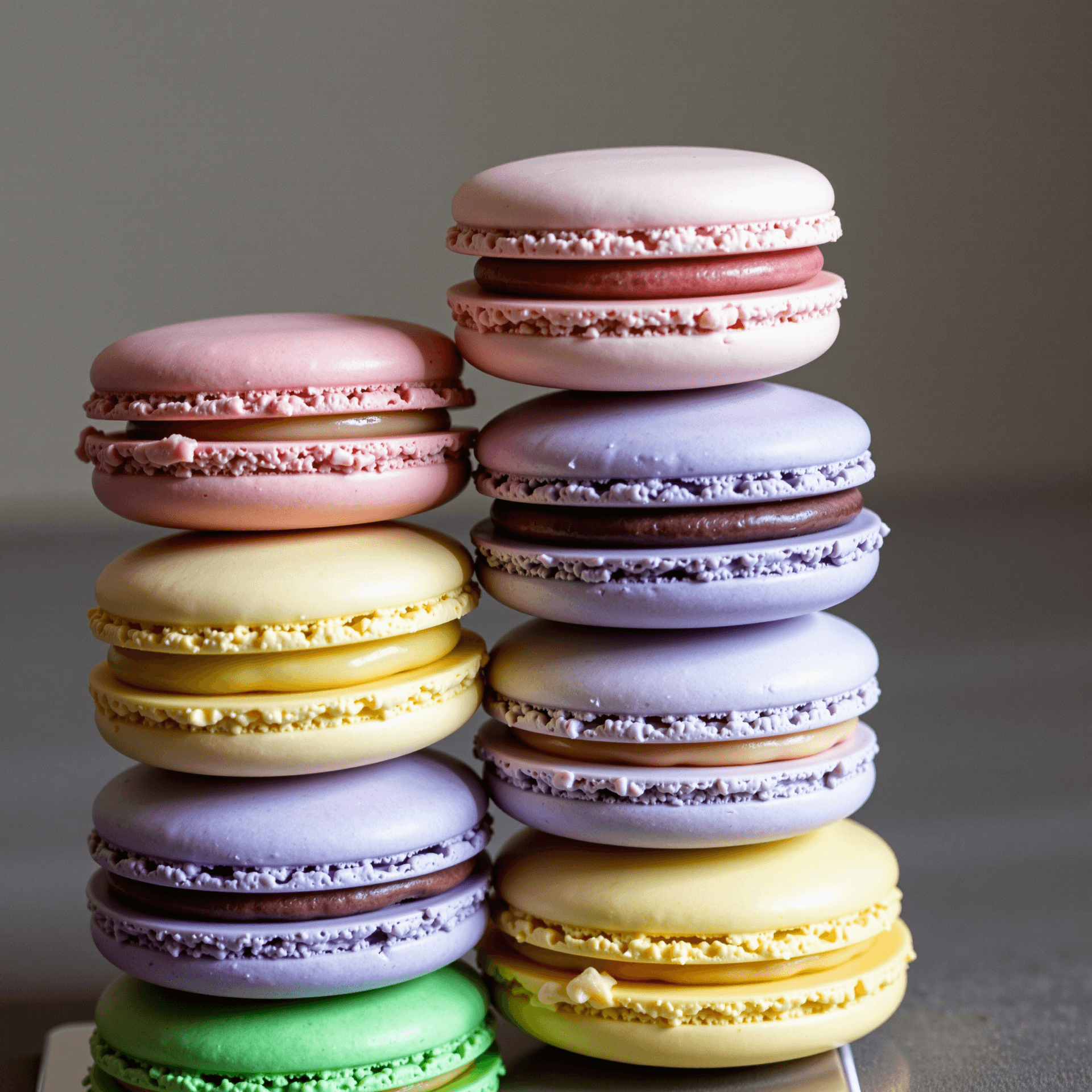 AI generated: A high-end editorial food photograph, 2048x2048 format. A curated stack of pastel French macarons â...