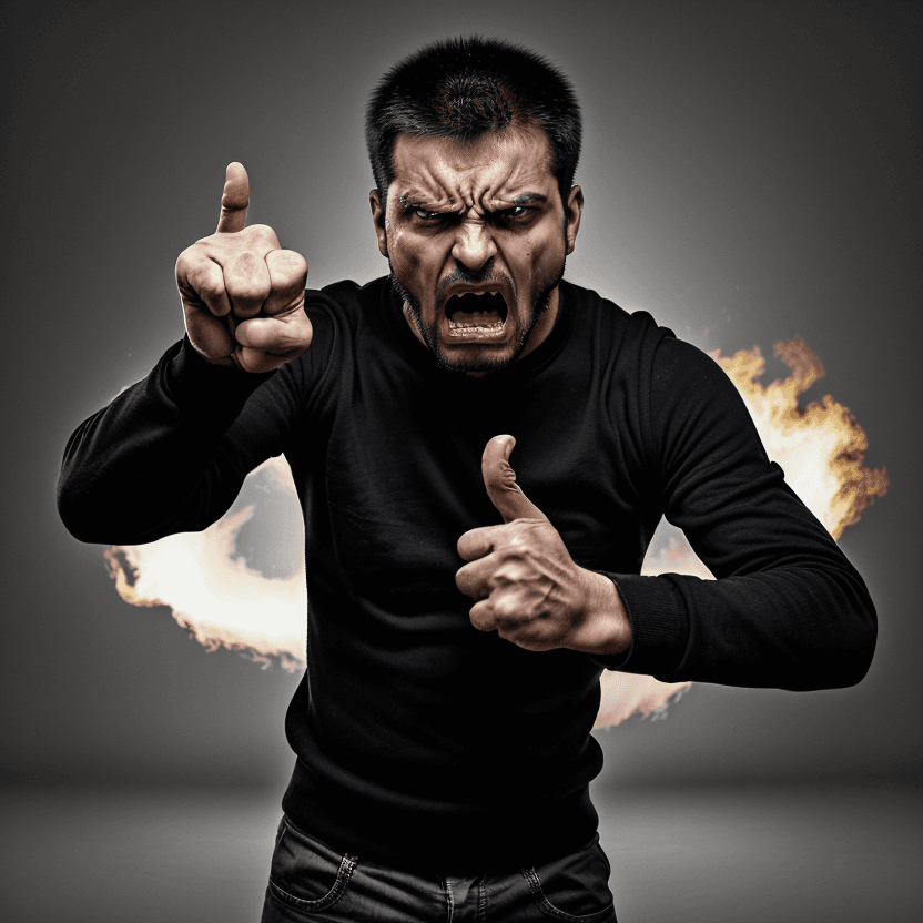 AI generated: The image shows a man confronting others with anger and aggressiveness, with defiant gestures and ga...