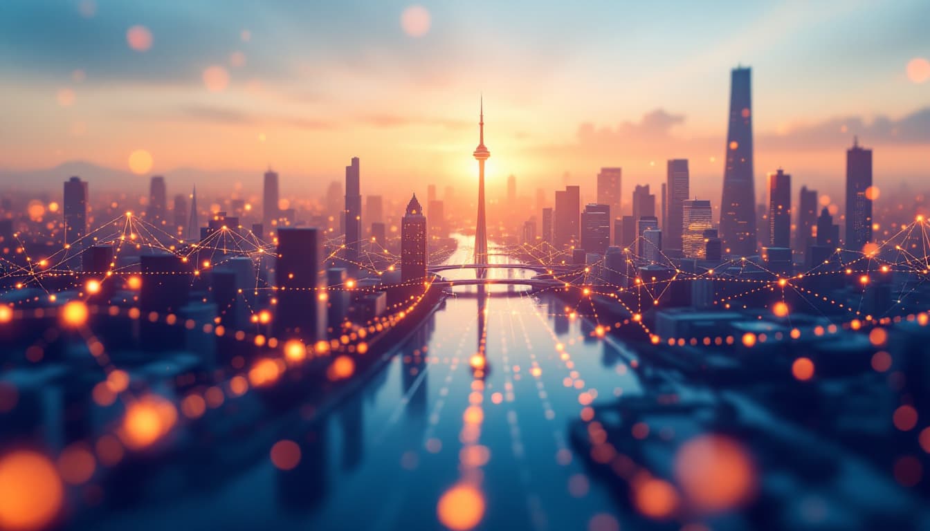 AI generated: Smart city and abstract line and dot connect #fa5f0b 16k QHD 