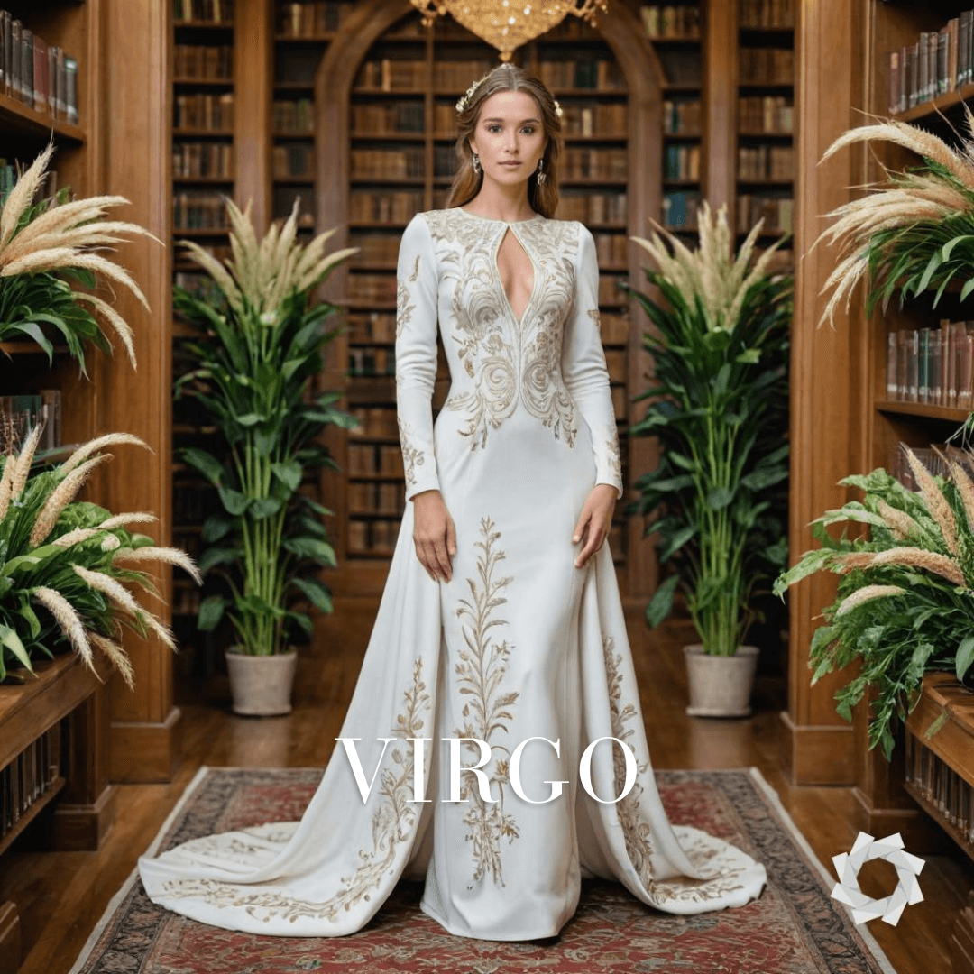 AI generated: full length portrait of a woman in a royal fully covered modest white gown representing Virgo zodiac...