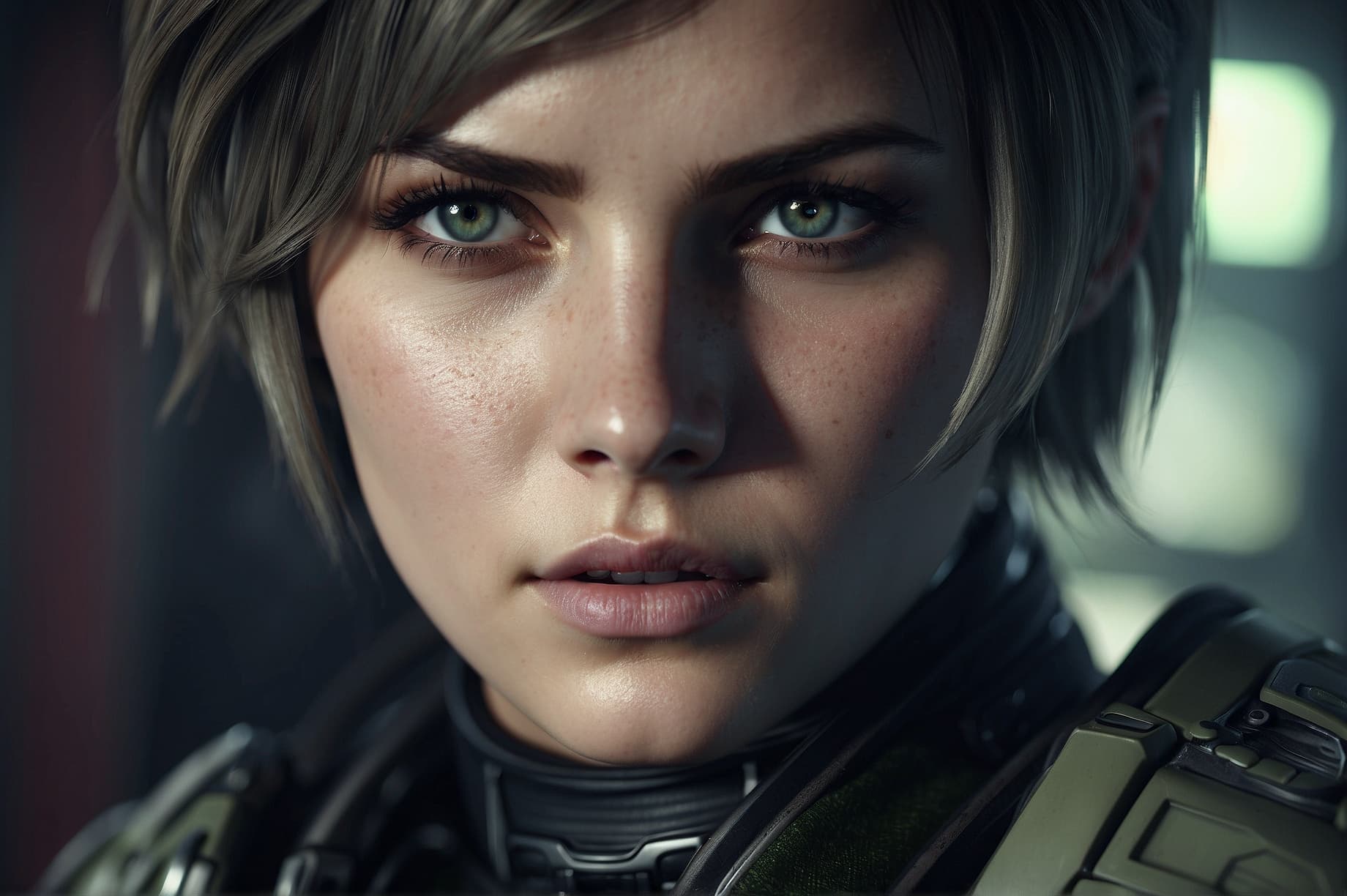 AI generated: A strikingly resilient Jill Valentine, her features exude strength amidst chaos: tousled chestnut ha...