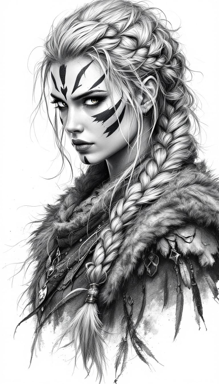 AI generated: black and white drawing of a Viking warrior woman full body with braided hair, wearing war paint on ...