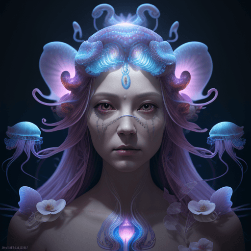 AI generated: Goddess close-up portrait ribcagel. jellyfish phoenix head, nautilus, orchid, skull, betta fish, bio...
