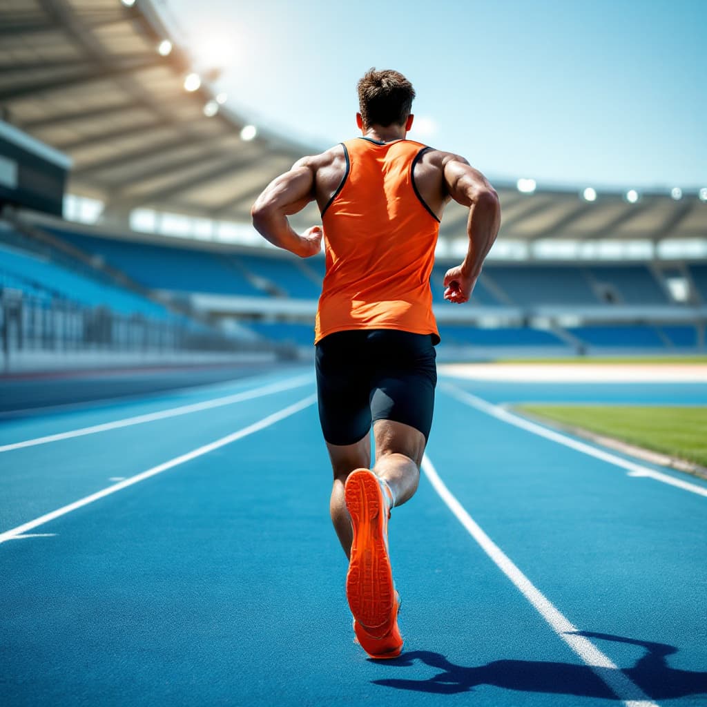 AI generated: A male athlete in an orange tank top and black shorts is sprinting on a professional outdoor running...