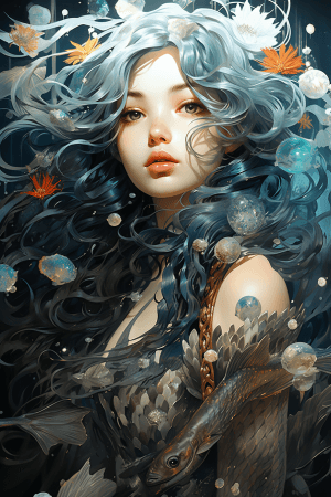 AI generated: A mystical mermaid with flowing blue hair and iridescent pearl scales detailed with magical seashell...