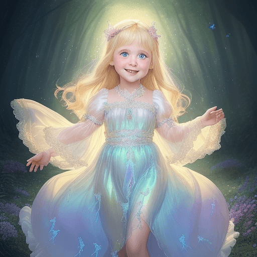 AI generated: a 4-year-old blonde girl with blue eyes and plumper cheeks,smiles,  clothes are adorned with shimmer...