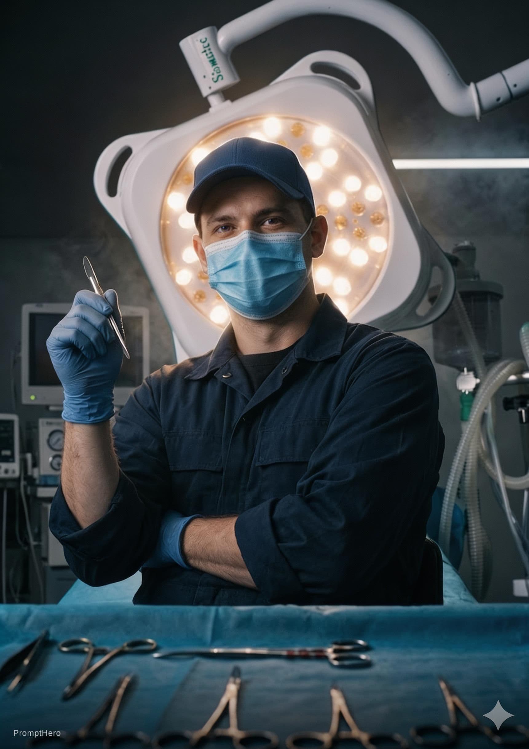 AI generated: A hyper-realistic 8k cinematic portrait of a young male mechanic in a sterile operating room. He is ...