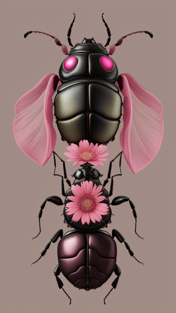 AI generated: floral beetle wearing a (long:1.2) pink (scarf:1.3), a beetle with arms and a head, (dark shot:1.17)...