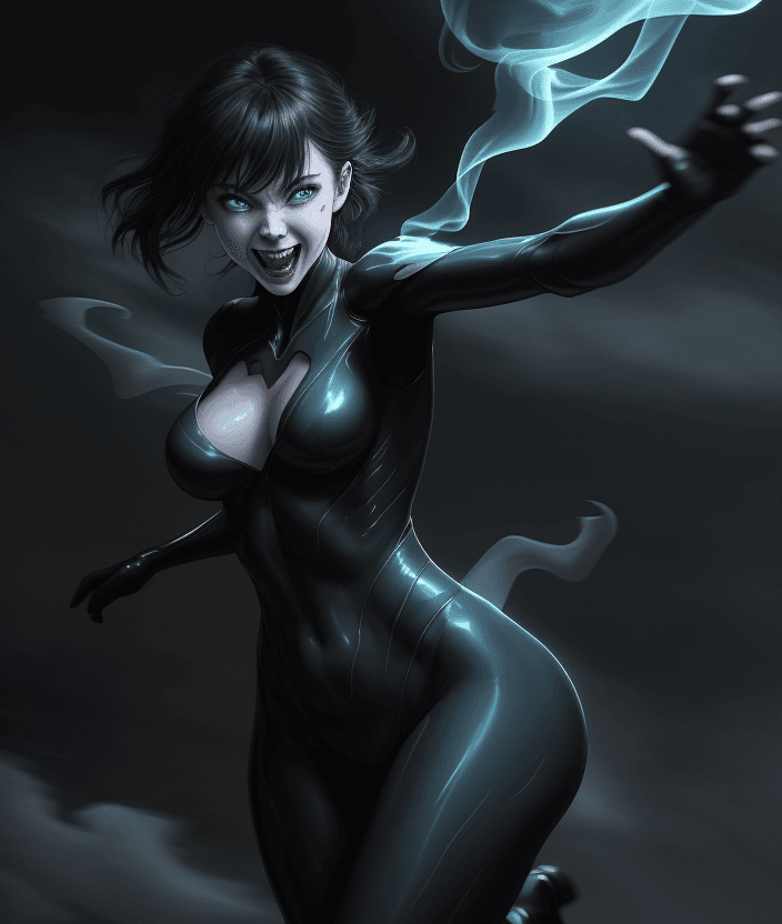 AI generated: action pose, young female phantom, ((Sophie Rain)), hungry 
look in her eyes, Laughing, her body is ...